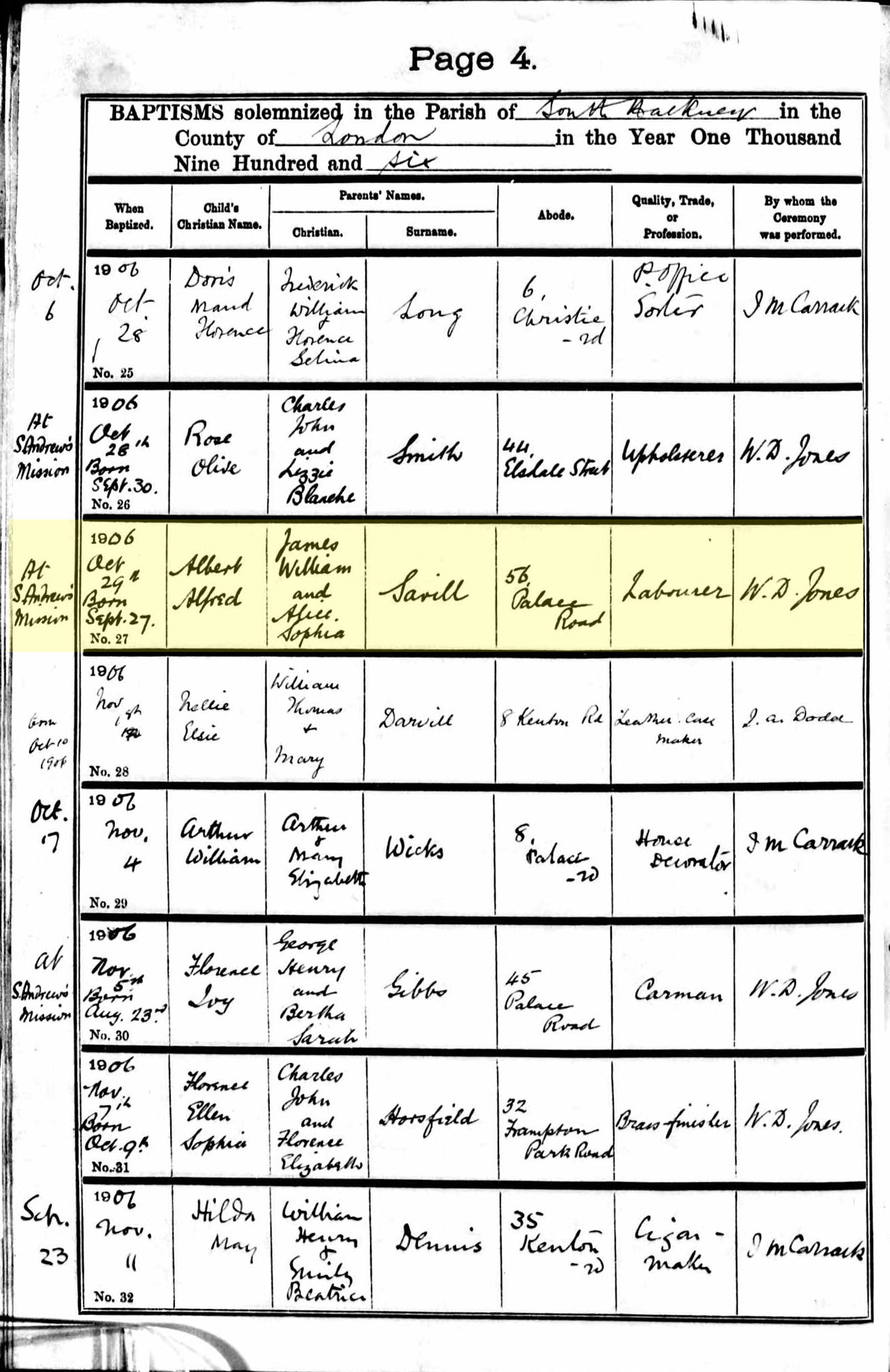 Baptism Record 1906 Albert Alfred Saville h