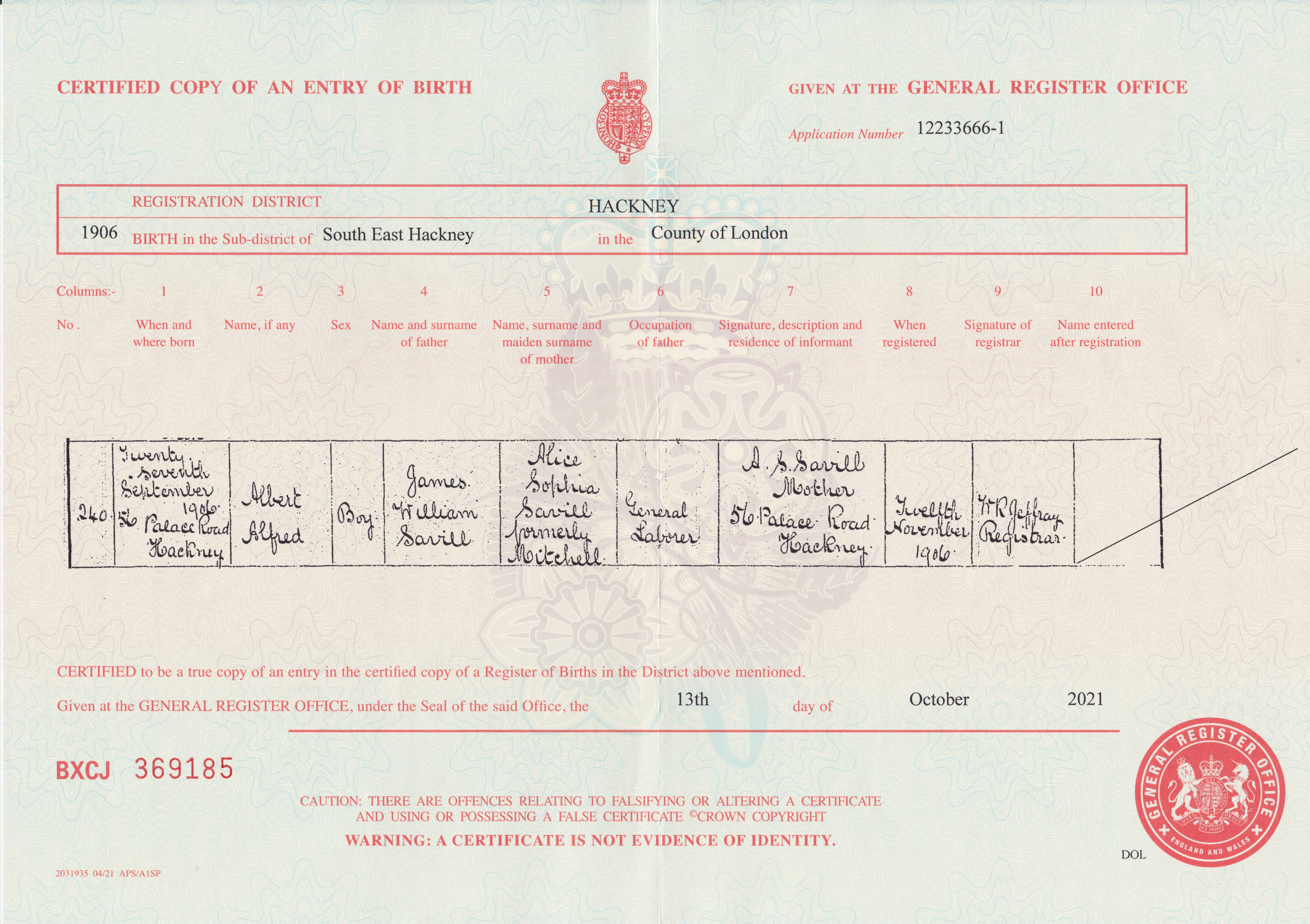 Birth Cert 1906 Albert Alfred Savill