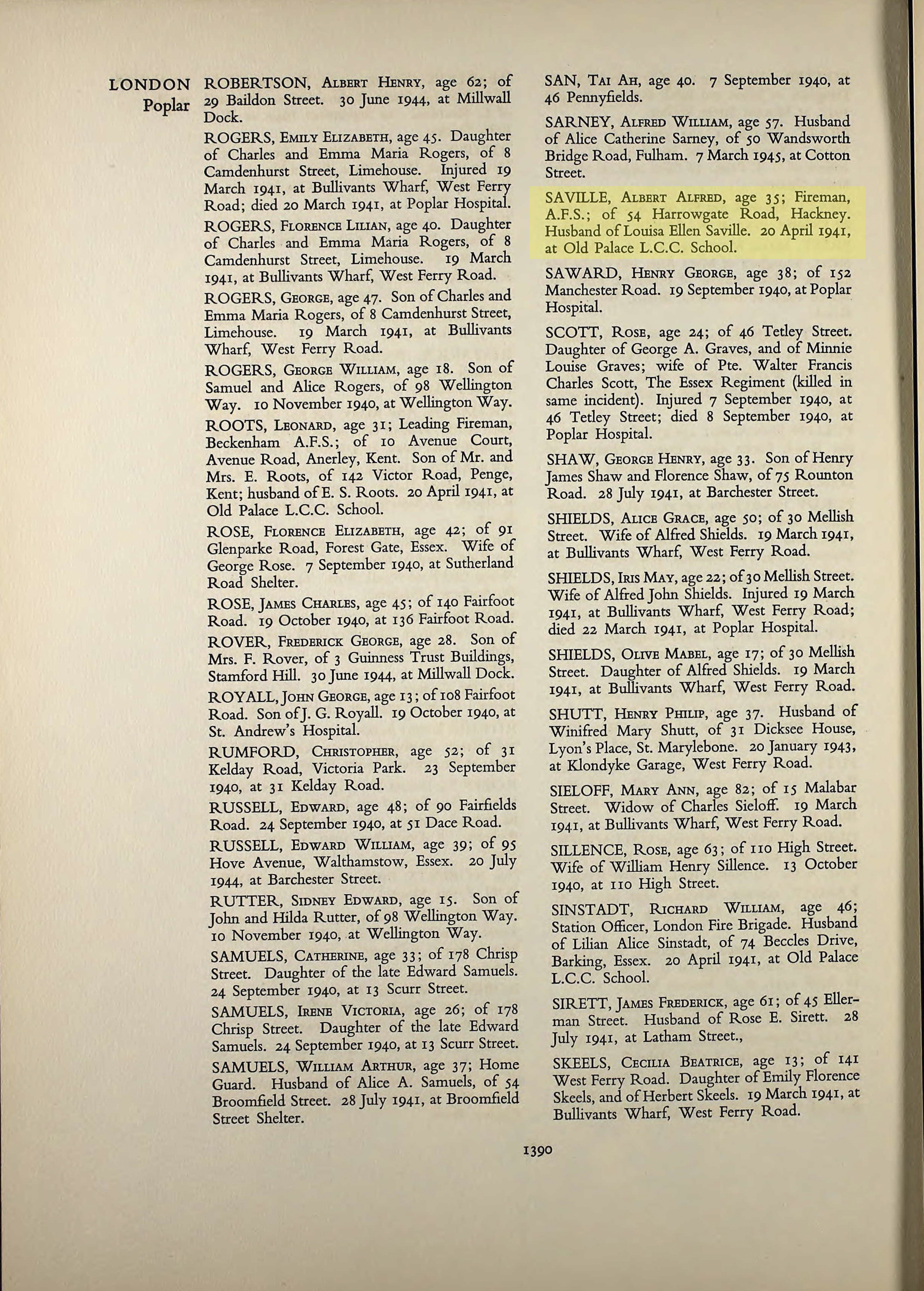 Death Record 1941 Albert Alfred Saville (Fireman) h