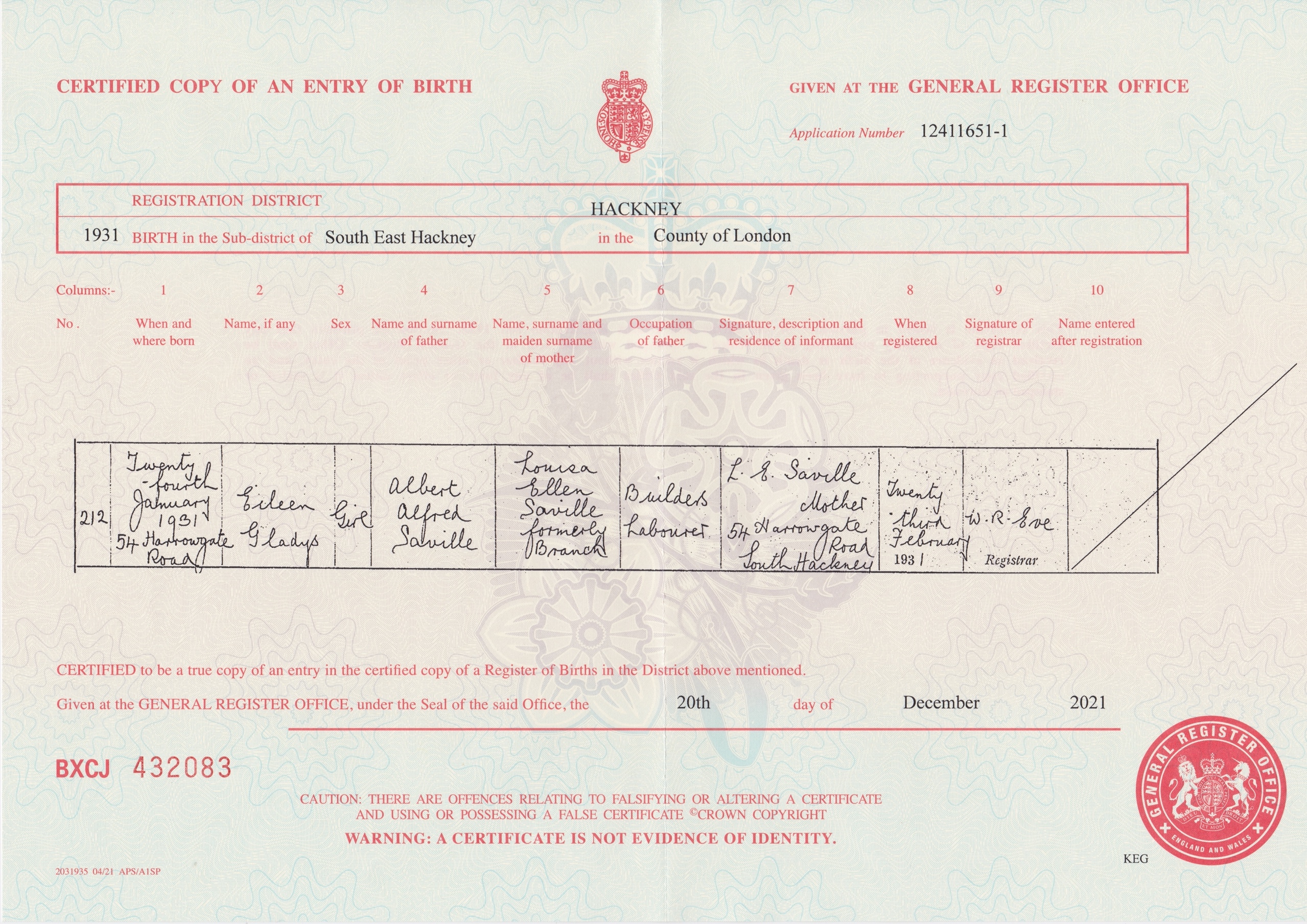 Eileen Saville Birth