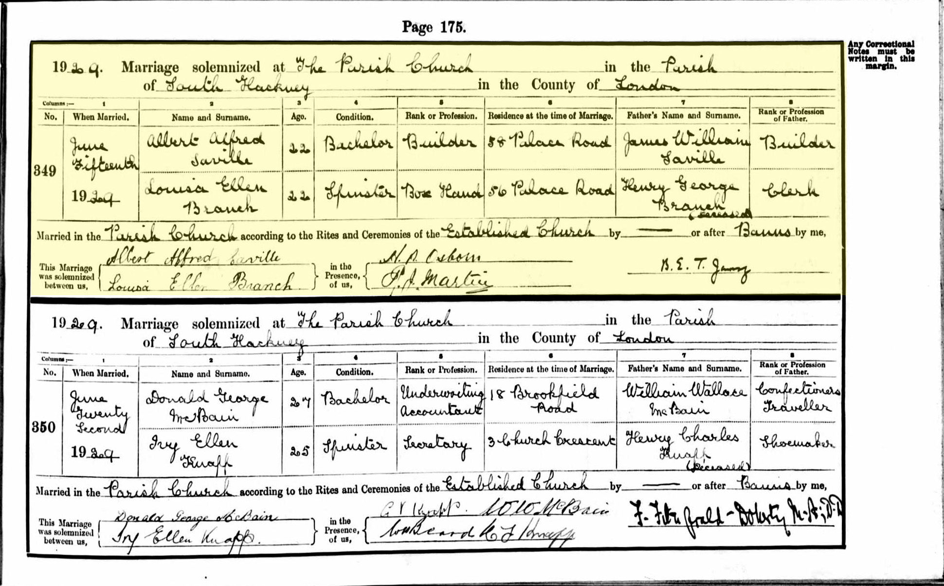 Marriage Cert 1929 Albert Alfred Saville &amp; Louisa Ellen Branch h
