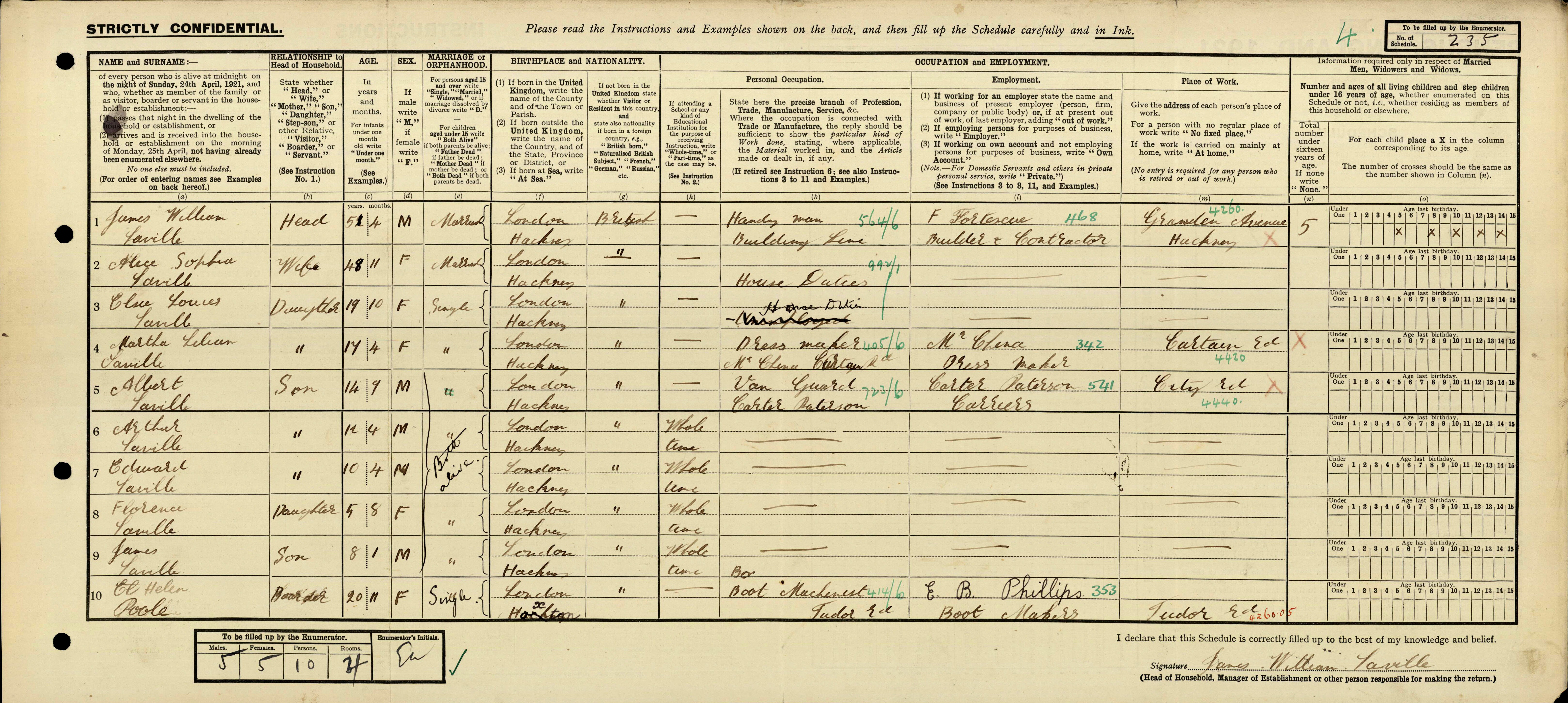 Census 1921 12 Morpeth Grove, Hackney