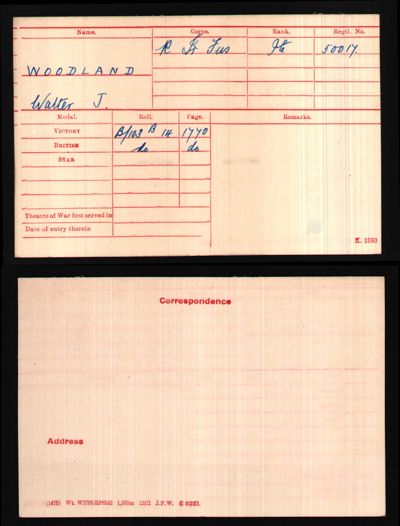 Walter John Woodland Medal Card