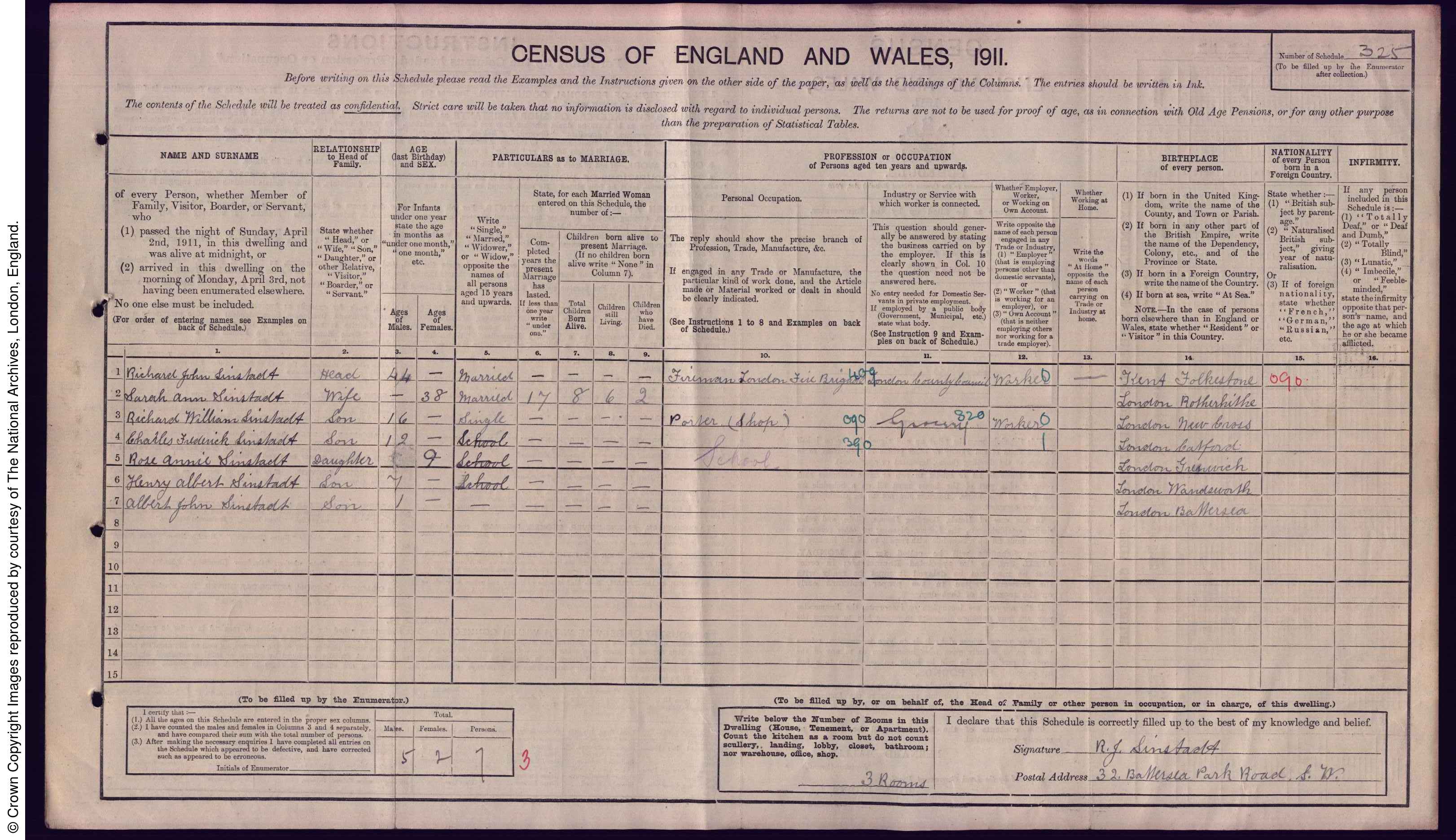 Richard William Sinstadt 1911 Census