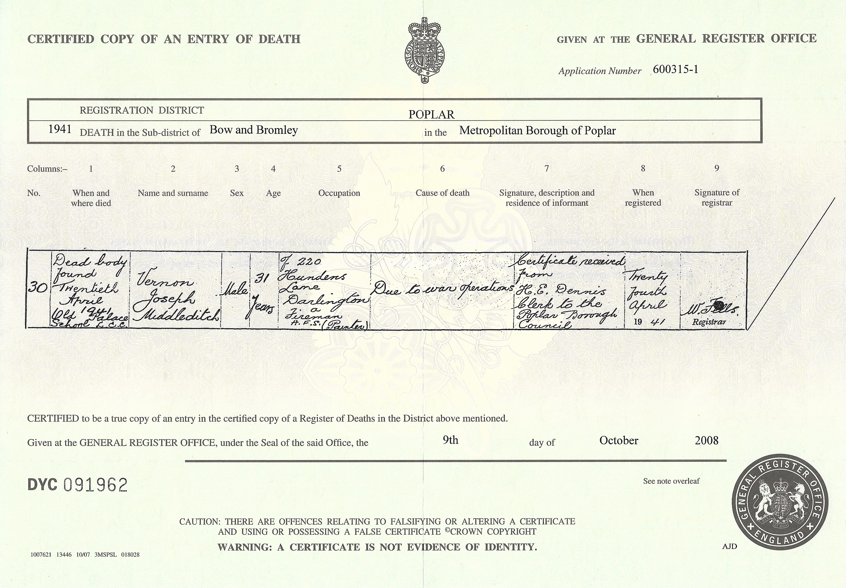 Vernon Joseph Middleditch Death Cert