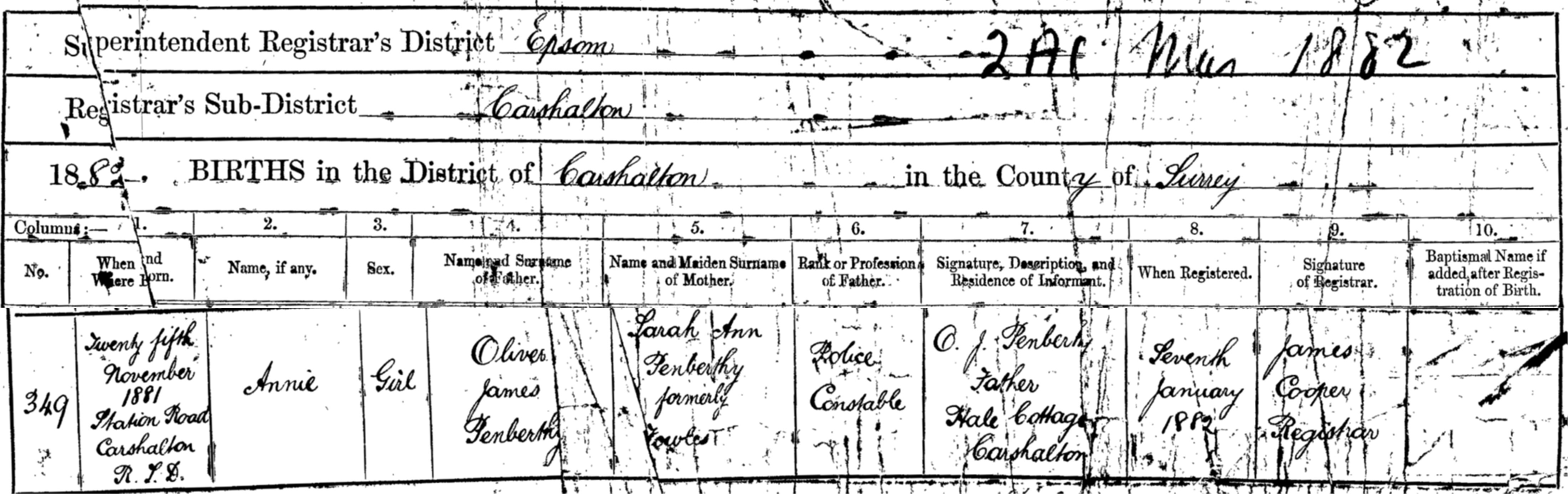Annie Penberthy Birth Details