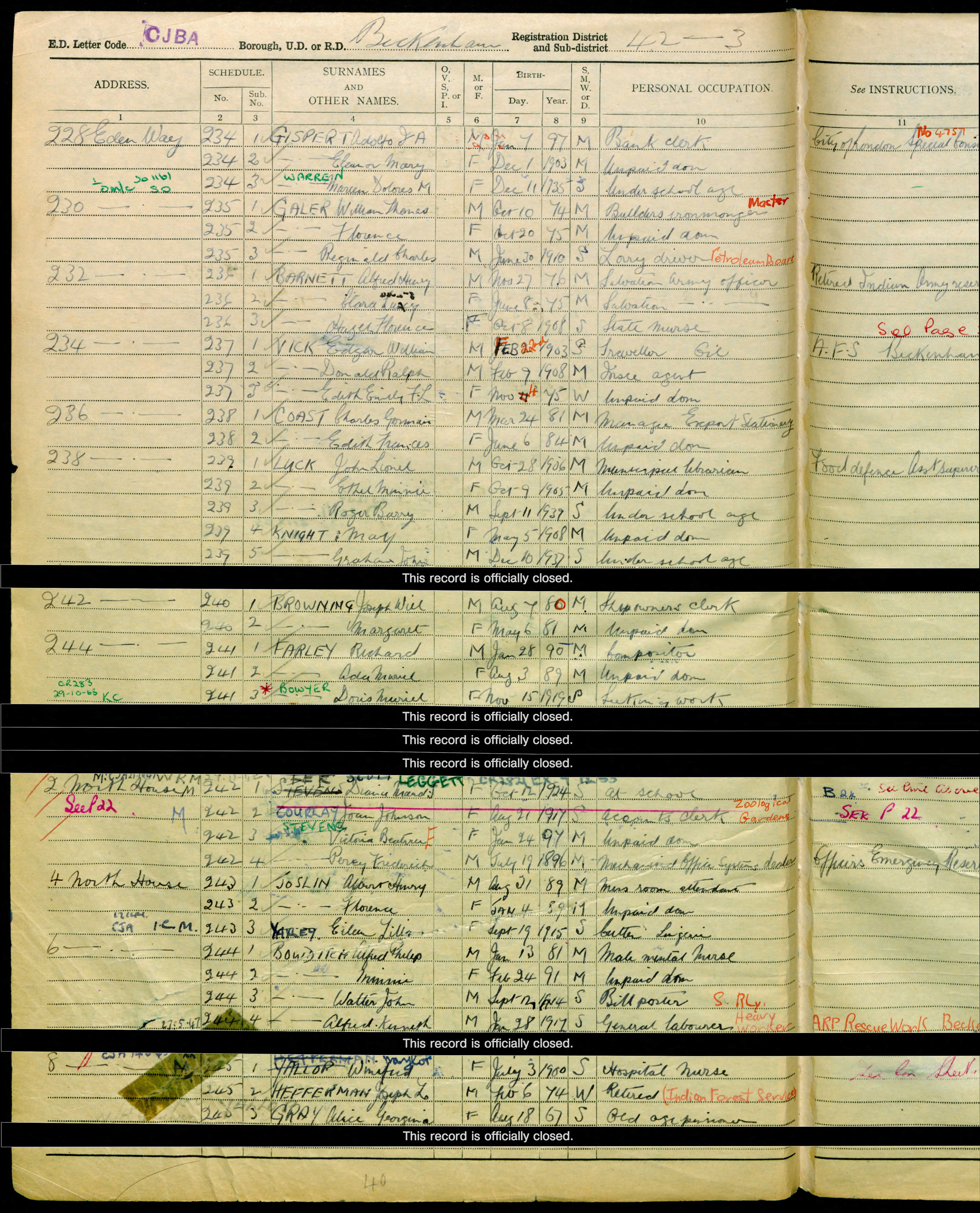 Edgar William Vick 1939 Register