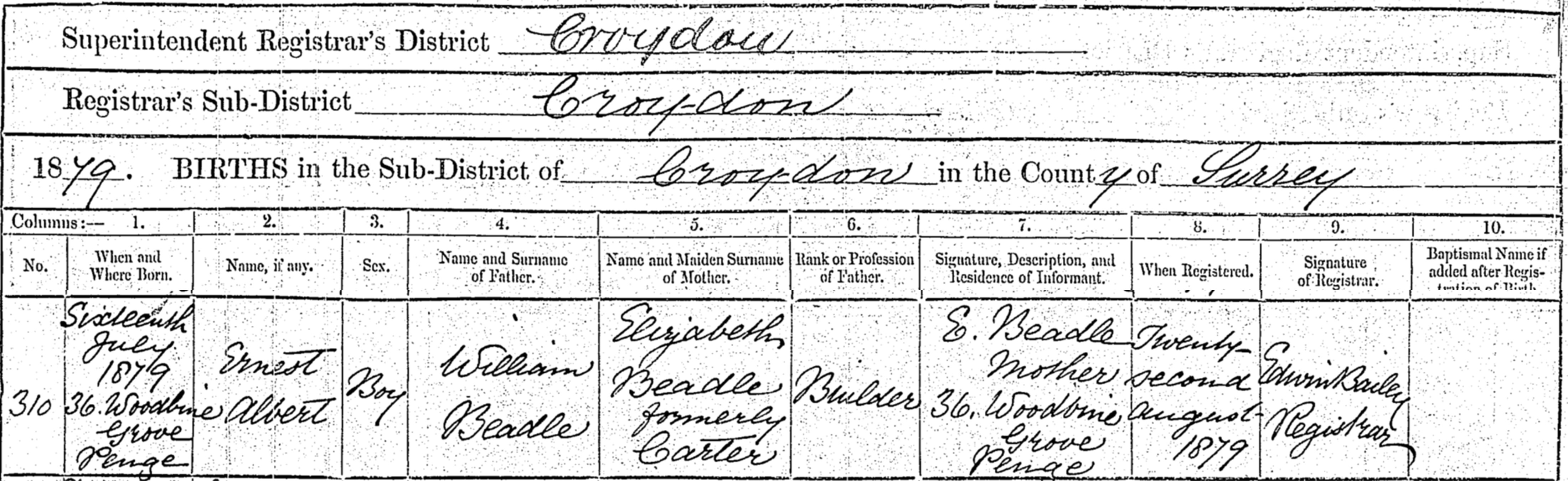 Ernest Albert Beadle Birth Details