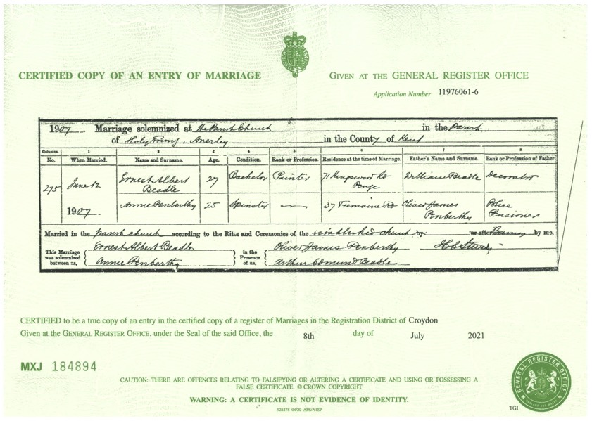 Ernest Albert Beadle m Annie Benberthy