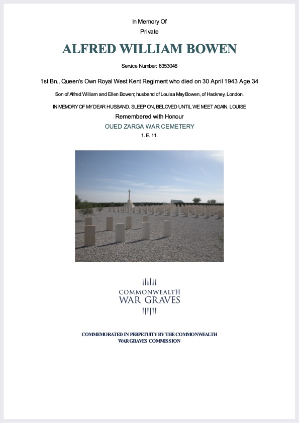 Private Alfred William Bowen - CWGC Certificate