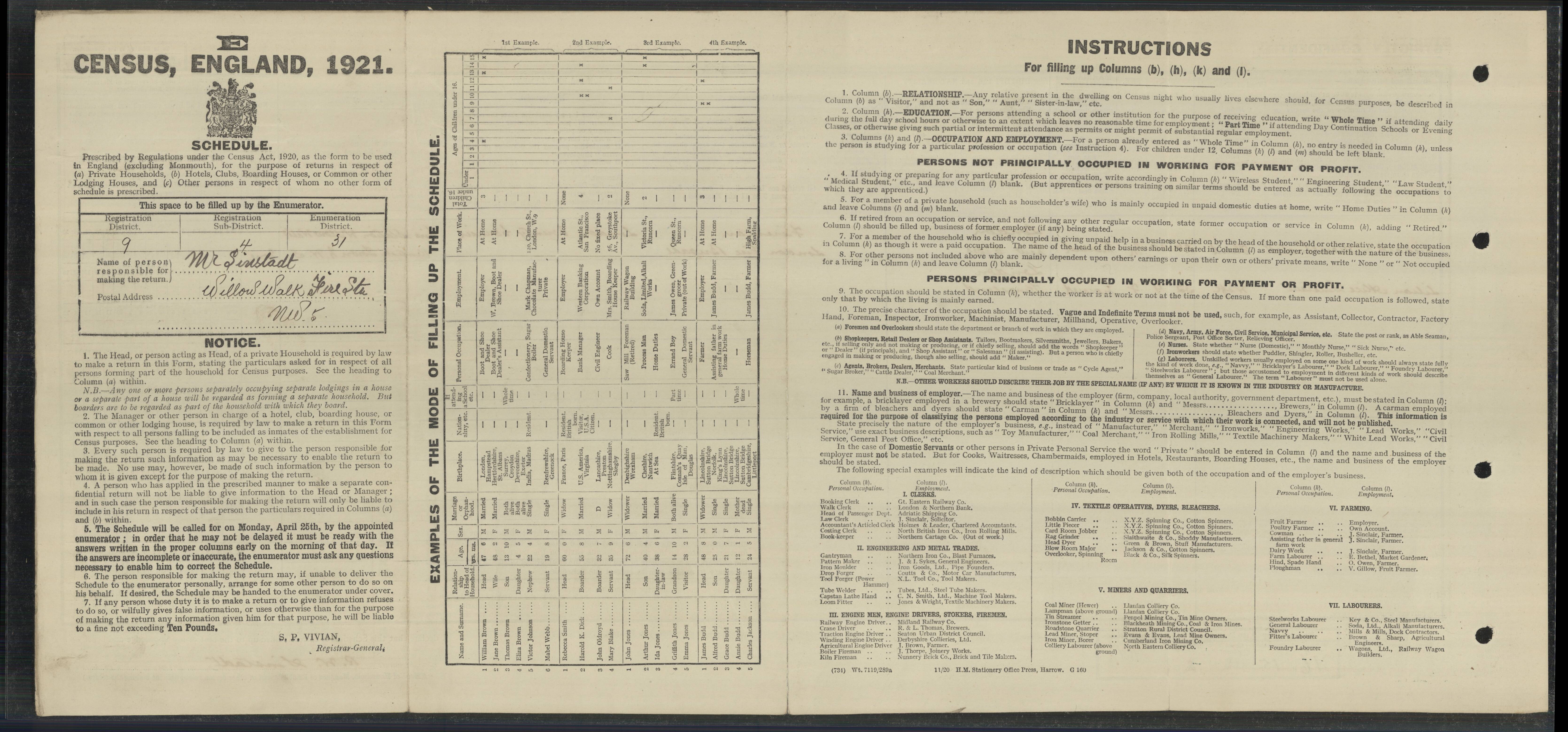 RICHARD WILLIAM SINSTADT 1921 CENSUS ADDRESS