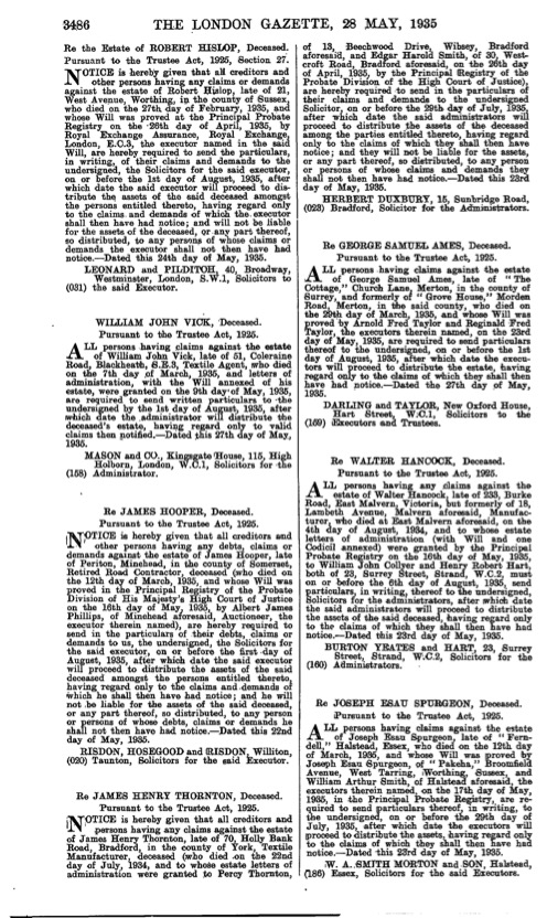 William John Vick Gazette Page