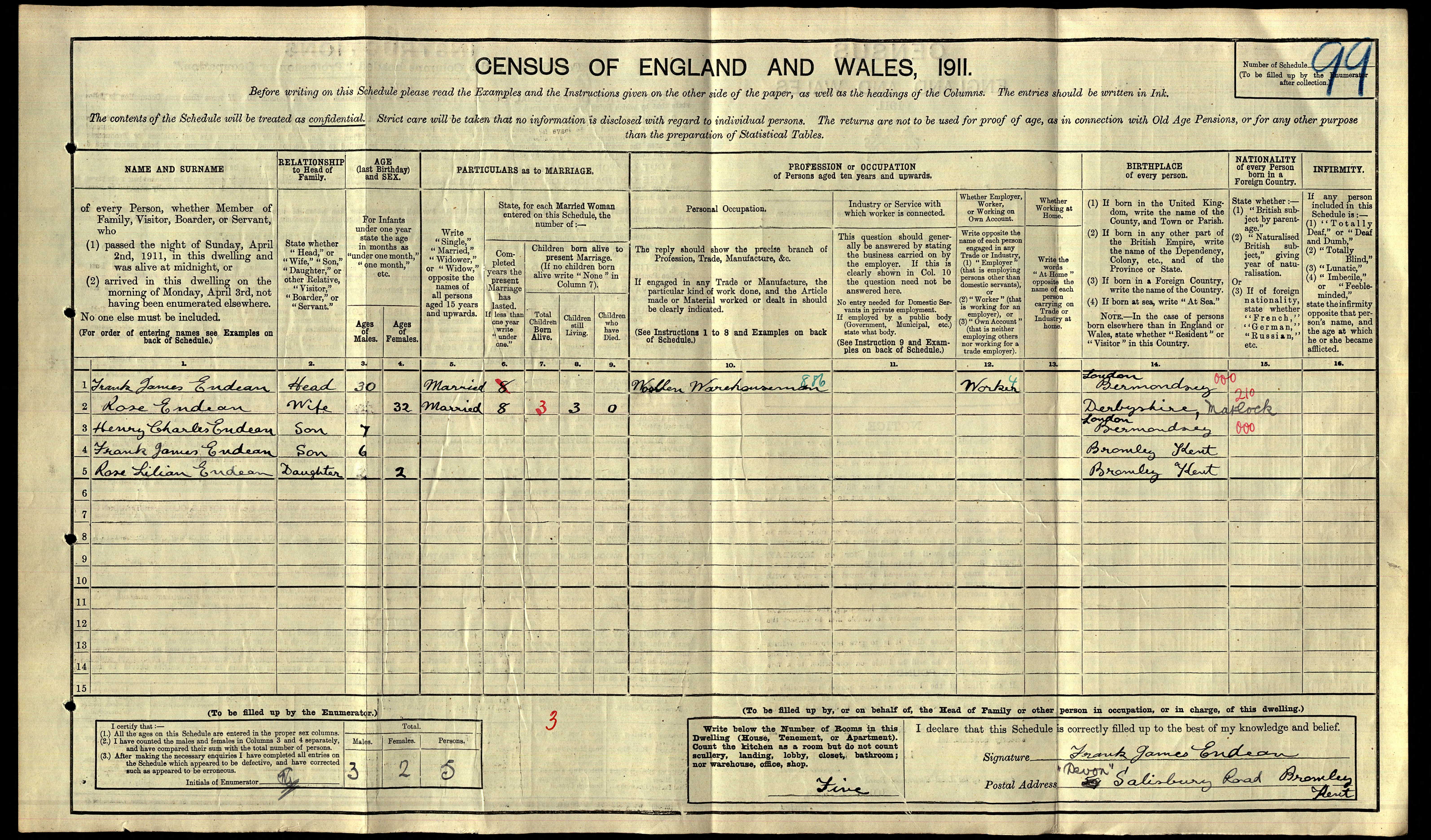 Frank James Endean 1911