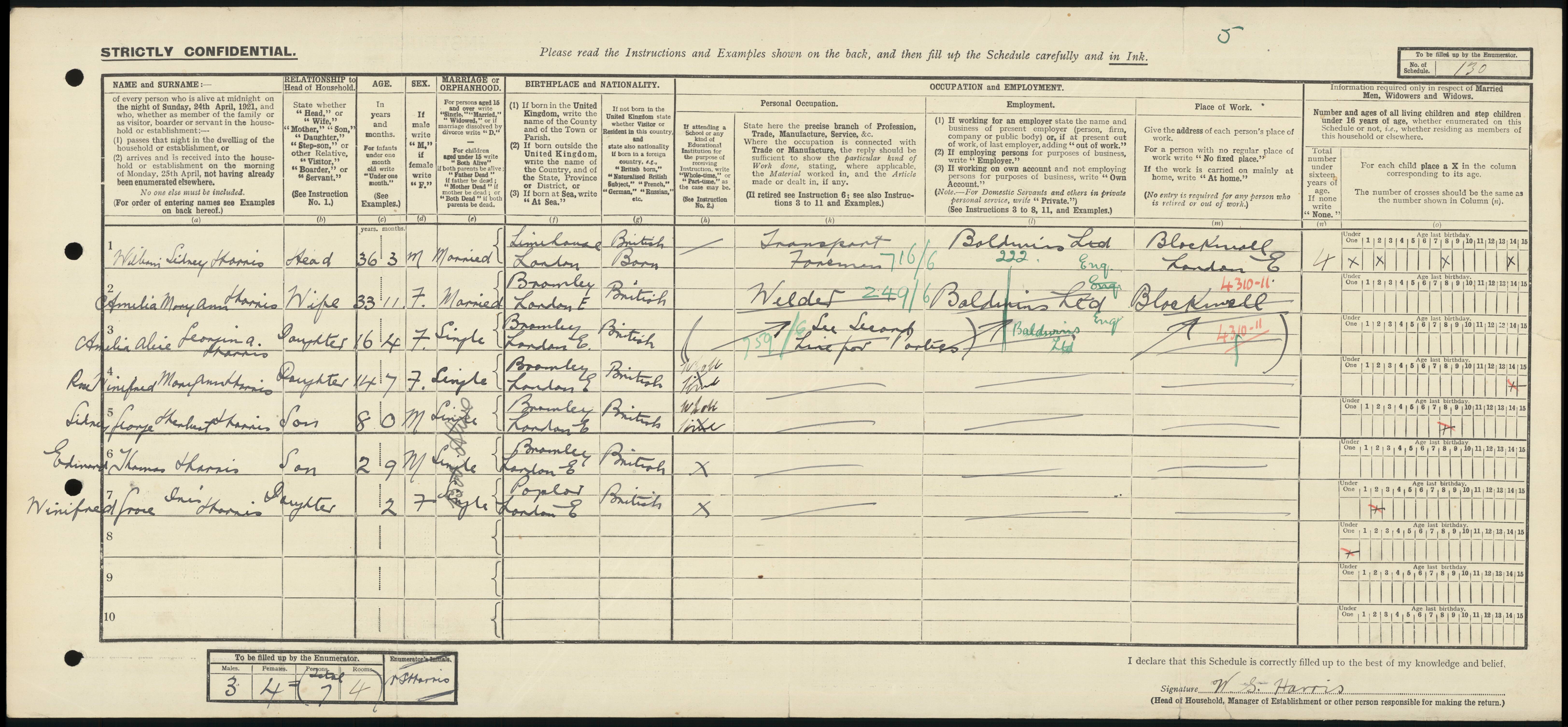 Bertie James Frederick Harris 1921 census