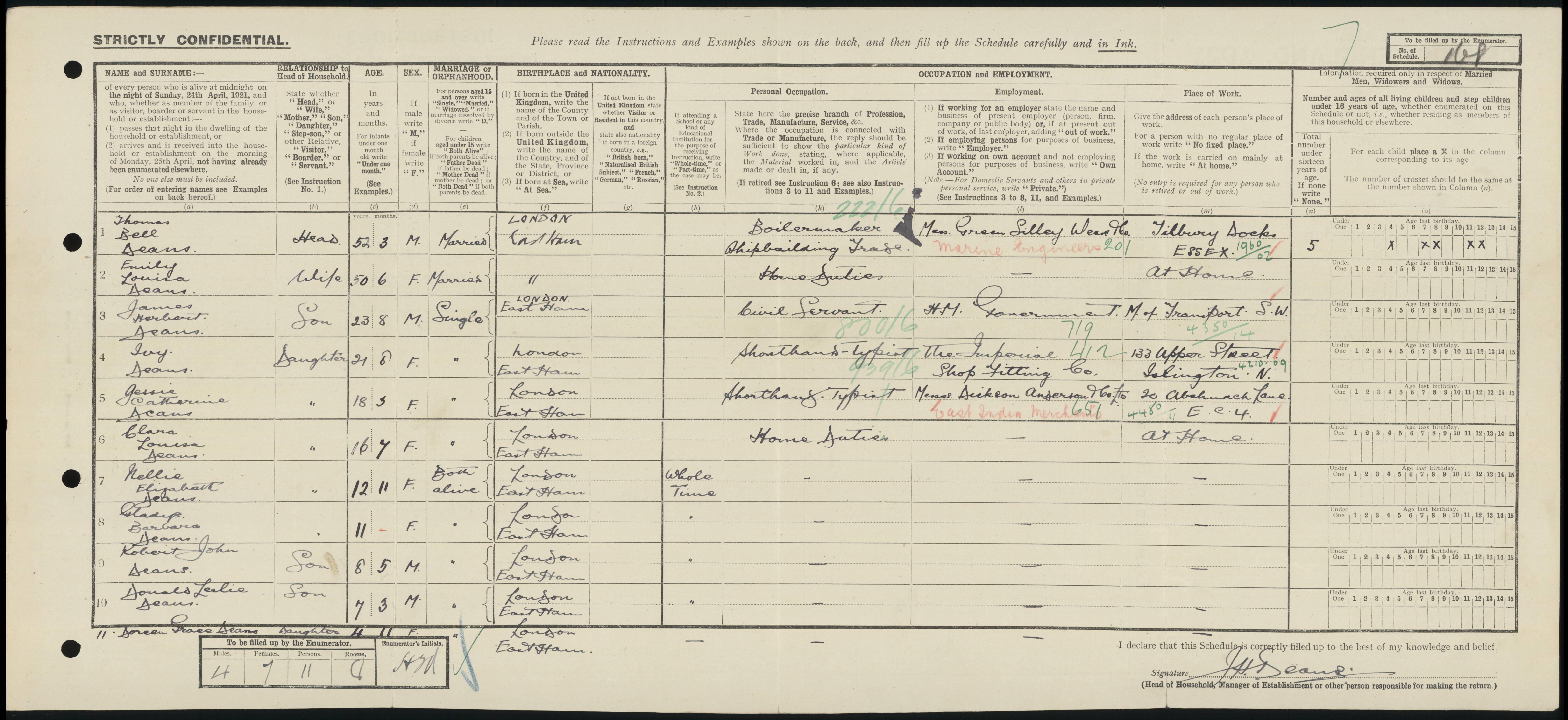 Robert John Deans 1921 census pg1