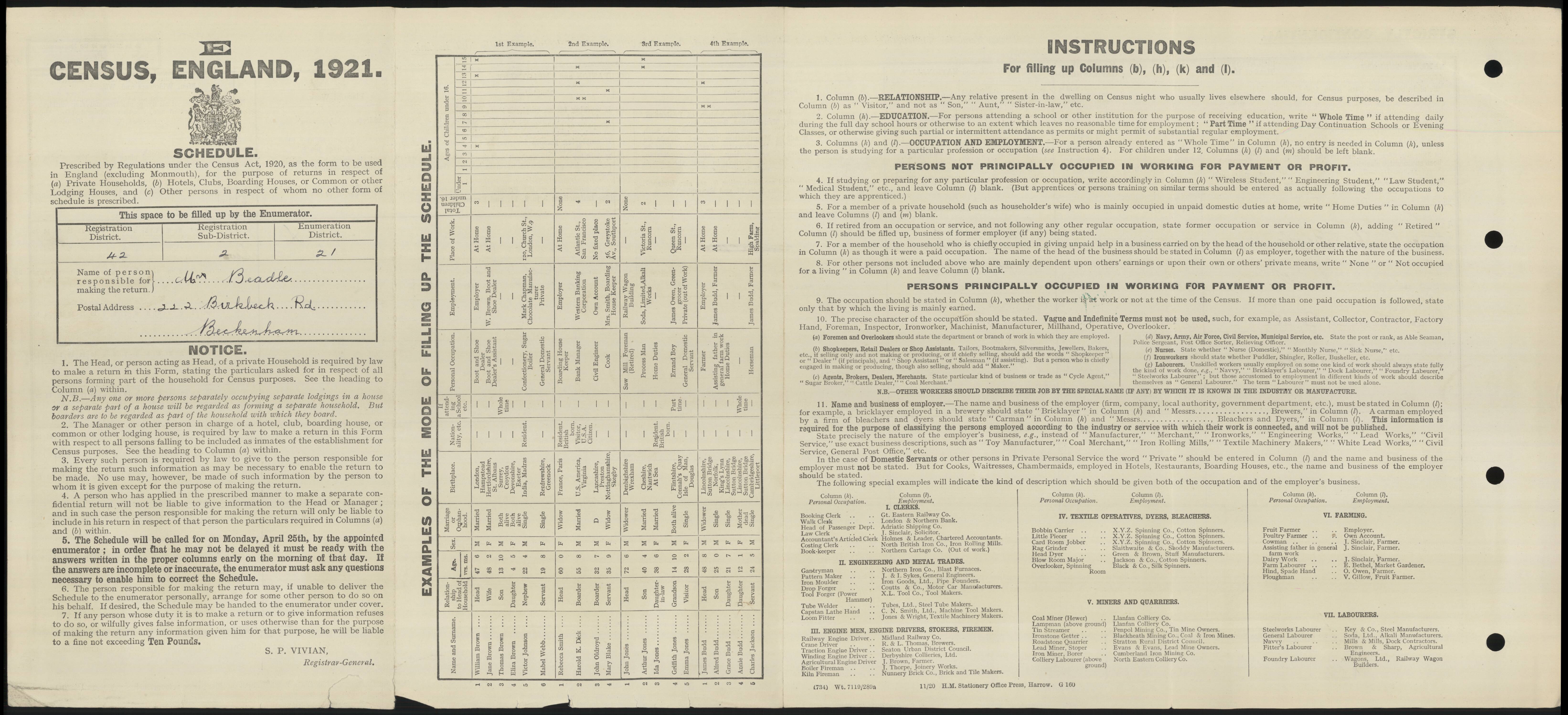 Ernest Reginald Beadle 1921 Census Address