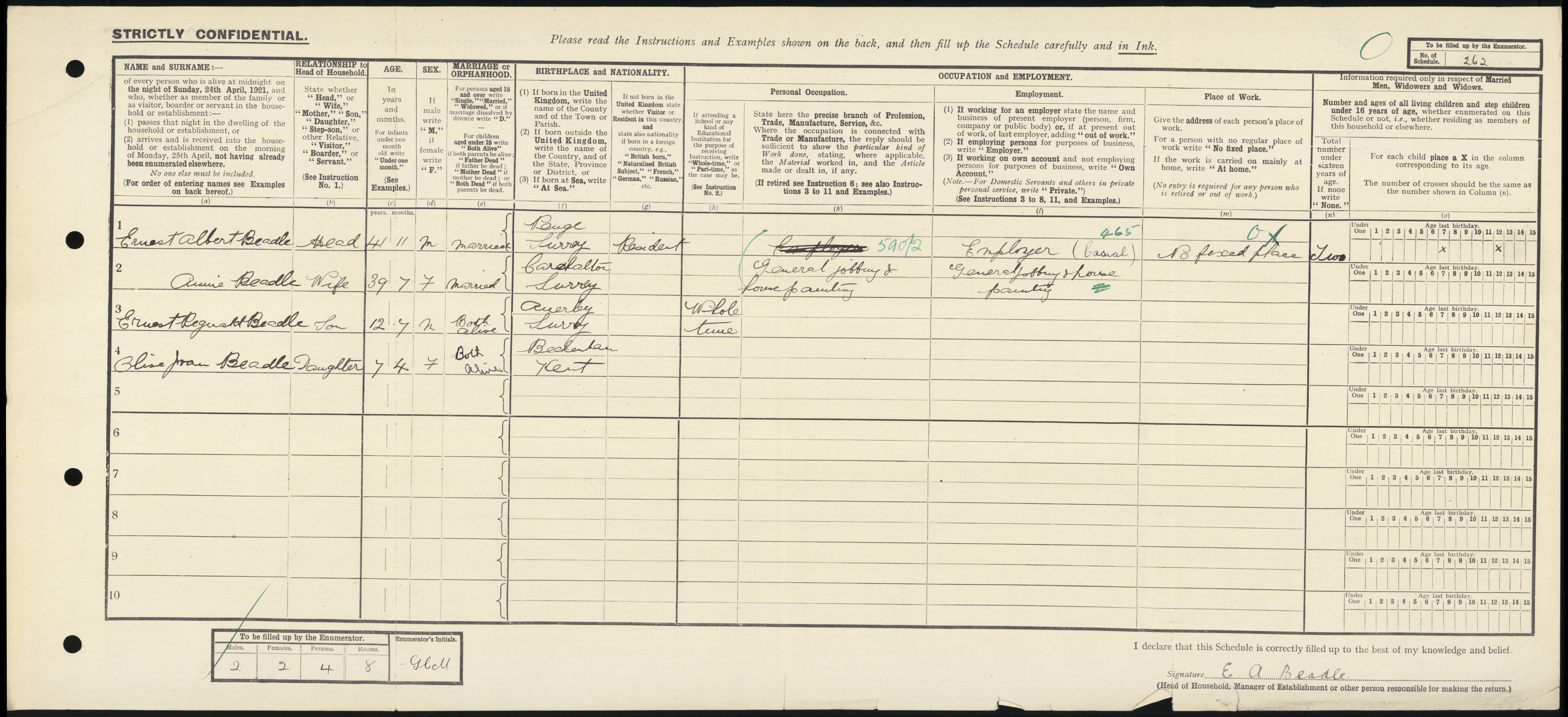 Ernest Reginald Beadle 1921 Census