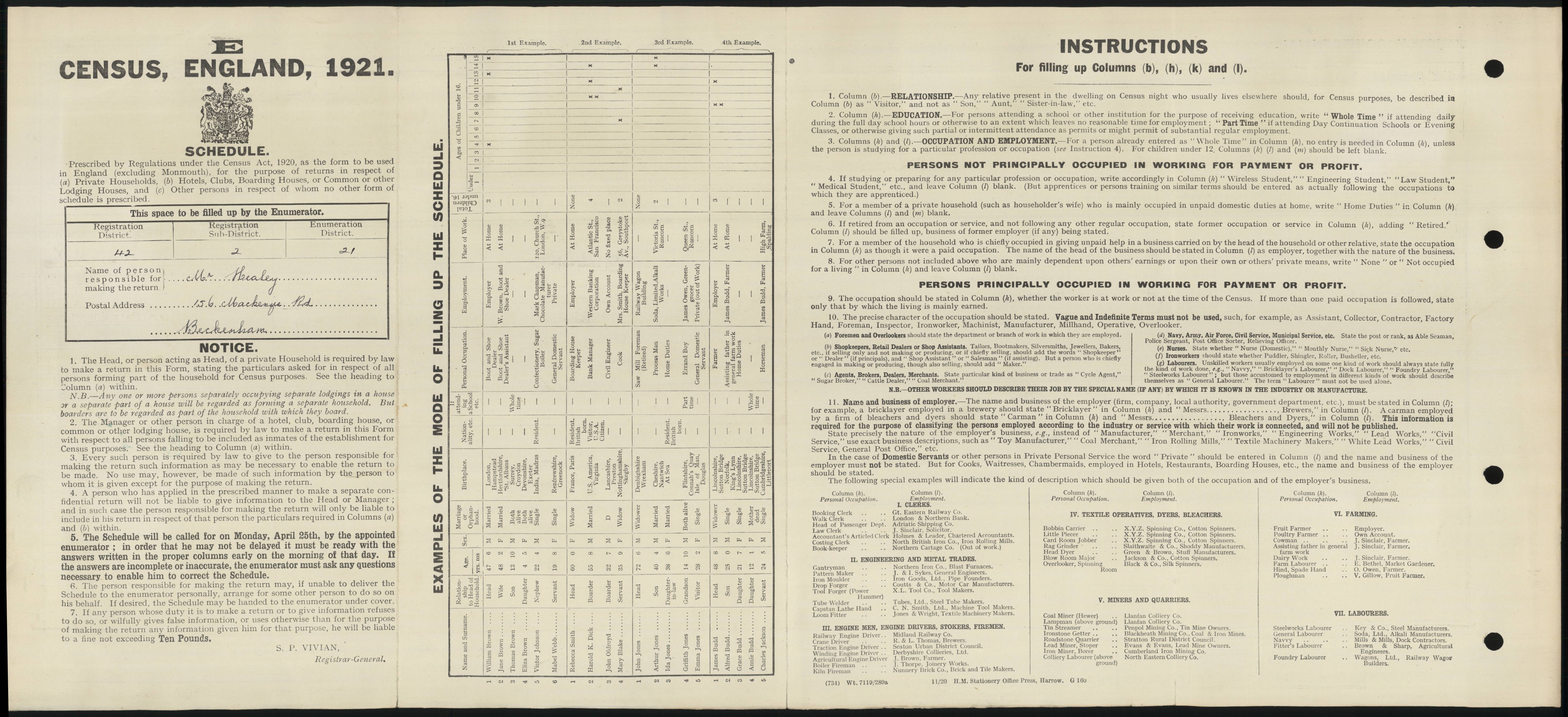 Leslie Thomas Healey 1921 Census Address