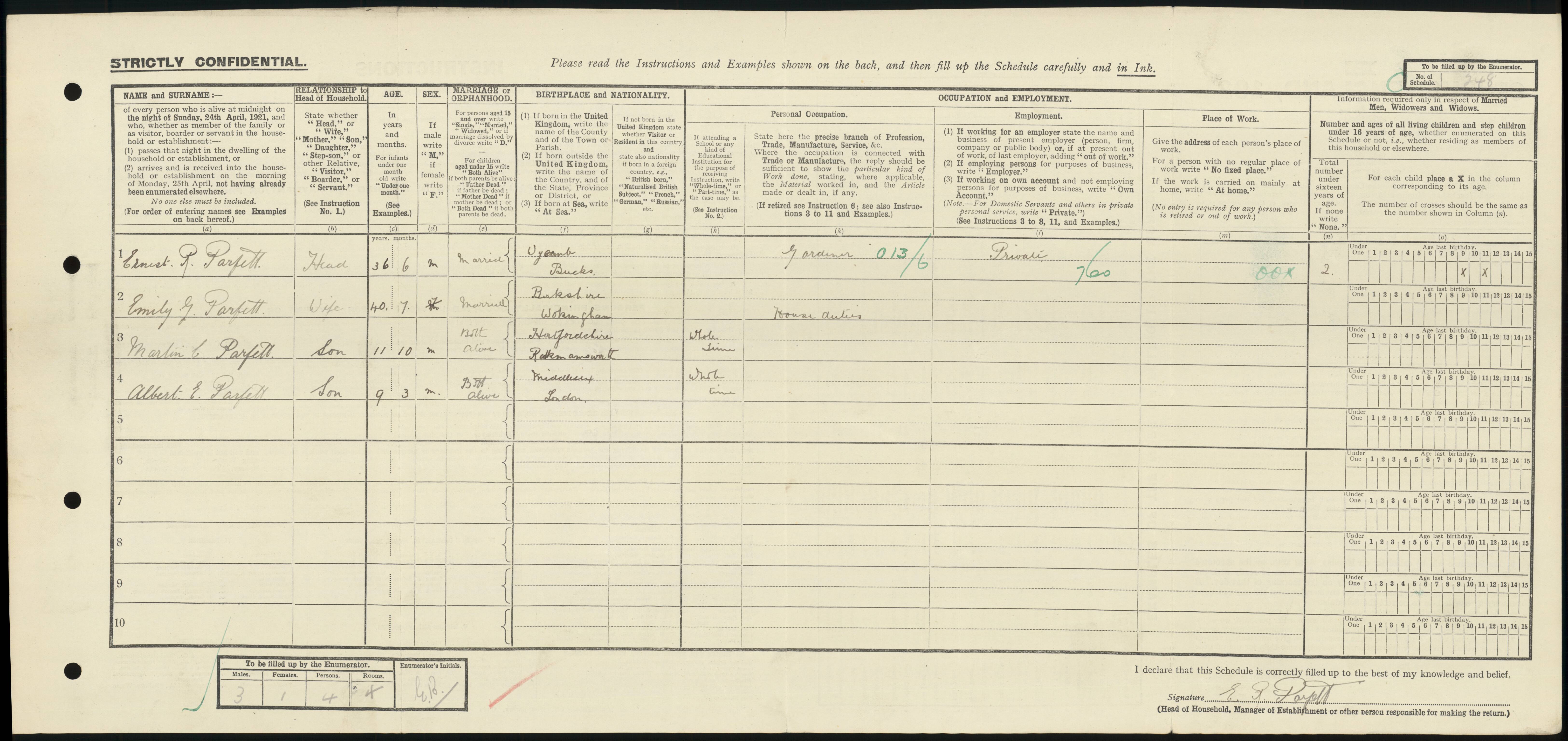Martin Charles Parfett 1921 Census